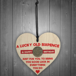 Red Ocean Lucky Sixpence Happy Birthday Wooden Hanging Heart Plaque - thumbnail 2