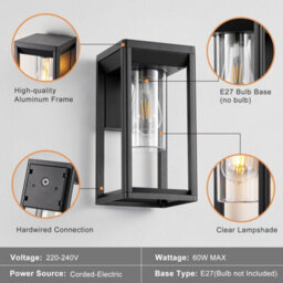Harper Living Outdoor Wall Light Lantern Mains Powered, Black Aluminium, Outside Wall Lamp With Clear Shade, For Porch Front Door - thumbnail 5