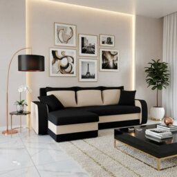 Kris M Corner Sofa Bed With Two Bedding Storage Compartments Polyurethane Foam Frame Plastic Legs 238X147X80Cm Black And Cream