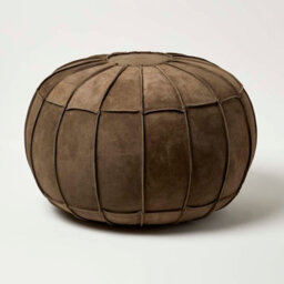 Homescapes Brown Leather & Suede Round Pouffe Footstool - thumbnail 1