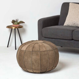 Homescapes Brown Leather & Suede Round Pouffe Footstool - thumbnail 2
