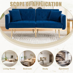 Abrihome Modern 2-Seater Velvet Sofa With 3-Speed Adjustable Backrest, Thick Cushions & Gold Metal Legs, Navy - thumbnail 6