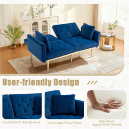 Abrihome Modern 2-Seater Velvet Sofa With 3-Speed Adjustable Backrest, Thick Cushions & Gold Metal Legs, Navy - thumbnail 4