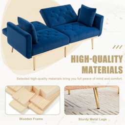 Abrihome Modern 2-Seater Velvet Sofa With 3-Speed Adjustable Backrest, Thick Cushions & Gold Metal Legs, Navy - thumbnail 5