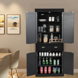 Wood Tall Storage Cabinet 2 Doors Display Organizer Freestanding Pantry Cupboard - thumbnail 4