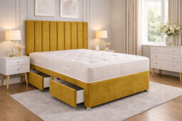 Comfy Deluxe 9 Panel Mustard Suede 5Ft King Size Bed Set With Orthopaedic Mattress And Headboard 2 Drawers One On Each Side