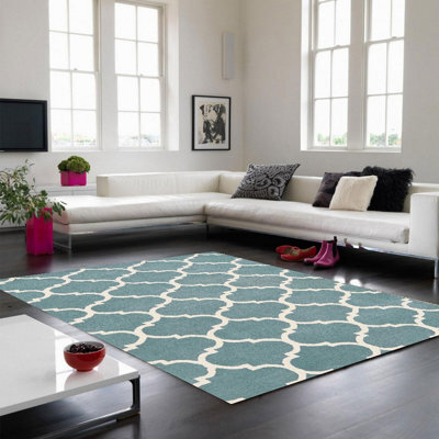 Ogee Duck Egg Wool Geometric Luxurious Modern Handmade Easy To Clean Rug For Living Room And Bedroom-120Cm X 170Cm - image 1