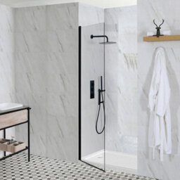 Homestylestore Black Walk In Wet Room Hinged Door Shower Enclosure And White Tray With Fast Flow Waste 1400 X 800mm - thumbnail 2
