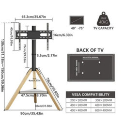"Fativo  Hoxton Tv Floor Stand Free-Standing Tripod Tv Unit With Solid Wood Legs, 40""-75"", White" - thumbnail 2