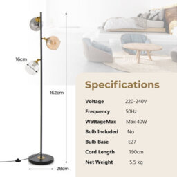 Costway Modern Floor Lamp Metal Standing Tree Light 3 Glass Globe Hanging Lampshade E27 - thumbnail 2