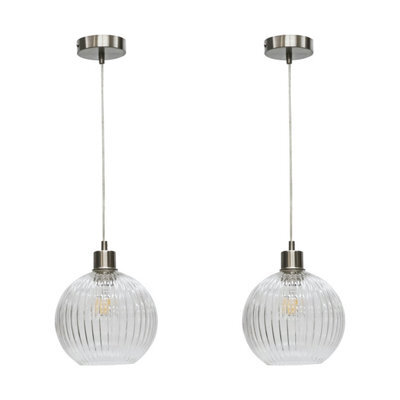 First Choice Lighting Set Of 2 Betchley - Clear Ribbed Glass Globe With Satin Nickel Pendant - image 1