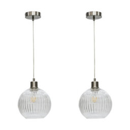 First Choice Lighting Set Of 2 Betchley - Clear Ribbed Glass Globe With Satin Nickel Pendant - thumbnail 1