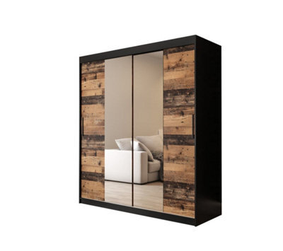 Arte Tilburg 1 Contemporary 2 Mirrored Sliding Door Wardrobe 9 Shelves 2 Rails Dark Oak Effect & Black (H)2000mm (W)1800mm (D)620mm - image 1