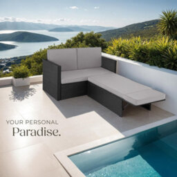 Tectake Garden Sofa Corfu - 2 Seater Sofa, Stool Sun Lounger, Thick Cushions  - Black/grey - thumbnail 8