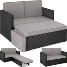 Tectake Garden Sofa Corfu - 2 Seater Sofa, Stool Sun Lounger, Thick Cushions  - Black/grey