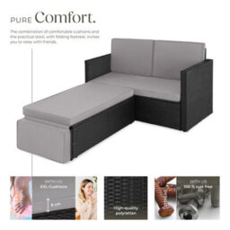 Tectake Garden Sofa Corfu - 2 Seater Sofa, Stool Sun Lounger, Thick Cushions  - Black/grey - thumbnail 3