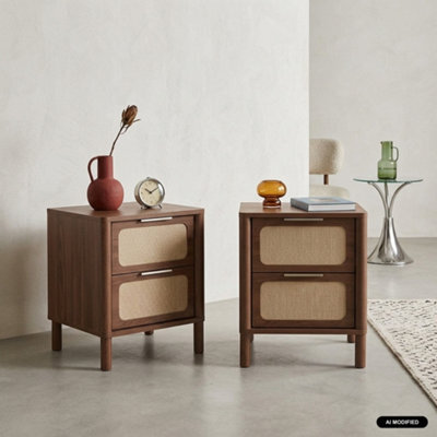 Sweeek - Set Of 2 Vintage Bedside Tables With Wood Decor And Cane, 2 Drawers Walnut 40X35X50 Cm - Etta - image 1