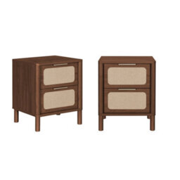 Sweeek - Set Of 2 Vintage Bedside Tables With Wood Decor And Cane, 2 Drawers Walnut 40X35X50 Cm - Etta - thumbnail 2