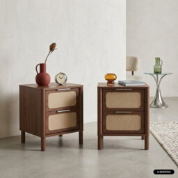 Sweeek - Set Of 2 Vintage Bedside Tables With Wood Decor And Cane, 2 Drawers Walnut 40X35X50 Cm - Etta - thumbnail 1