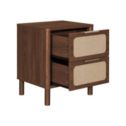 Sweeek - Set Of 2 Vintage Bedside Tables With Wood Decor And Cane, 2 Drawers Walnut 40X35X50 Cm - Etta - thumbnail 4