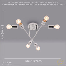 Happy Homewares Industrial Designer Styled Polish Chrome Ceiling Light With Straight Metal Arms - thumbnail 6