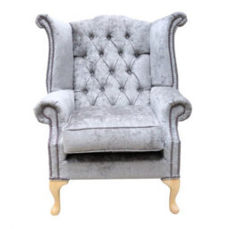 Chesterfield High Back Wing Chair Nuovo Ash Grey Fabric Bespoke In Queen Anne Style - thumbnail 2