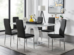 Furniturebox Giovani Rectangular 6 Seat White High Gloss Unique Halo Dining Table Grey Glass Top 6 Black Faux Leather Silver Leg Milan Chairs