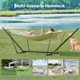 Hammock With Steel Stand, Wooden Spreader Bar, Detachable Pillow & Carry Bag, 450Lbs Capacity For Outdoor Patio Garden Beach - thumbnail 8