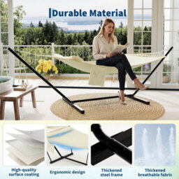 Hammock With Steel Stand, Wooden Spreader Bar, Detachable Pillow & Carry Bag, 450Lbs Capacity For Outdoor Patio Garden Beach - thumbnail 3