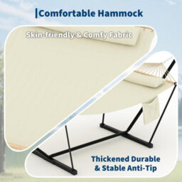 Hammock With Steel Stand, Wooden Spreader Bar, Detachable Pillow & Carry Bag, 450Lbs Capacity For Outdoor Patio Garden Beach - thumbnail 2