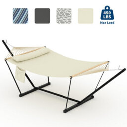 Hammock With Steel Stand, Wooden Spreader Bar, Detachable Pillow & Carry Bag, 450Lbs Capacity For Outdoor Patio Garden Beach