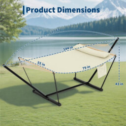 Hammock With Steel Stand, Wooden Spreader Bar, Detachable Pillow & Carry Bag, 450Lbs Capacity For Outdoor Patio Garden Beach - thumbnail 6