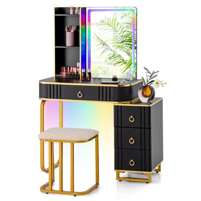 Costway Modern Dressing Table & Stool Set W/mirror Rgb Lights 7 Modes & Charging Station - image 1