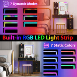 Costway Modern Dressing Table & Stool Set W/mirror Rgb Lights 7 Modes & Charging Station - thumbnail 6