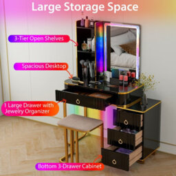 Costway Modern Dressing Table & Stool Set W/mirror Rgb Lights 7 Modes & Charging Station - thumbnail 8