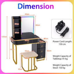 Costway Modern Dressing Table & Stool Set W/mirror Rgb Lights 7 Modes & Charging Station - thumbnail 2