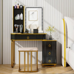Costway Modern Dressing Table & Stool Set W/mirror Rgb Lights 7 Modes & Charging Station - thumbnail 3