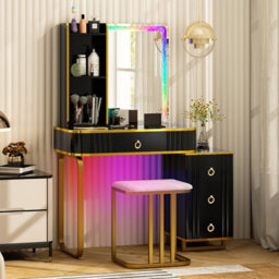 Costway Modern Dressing Table & Stool Set W/mirror Rgb Lights 7 Modes & Charging Station - thumbnail 4