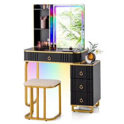 Costway Modern Dressing Table & Stool Set W/mirror Rgb Lights 7 Modes & Charging Station - thumbnail 1
