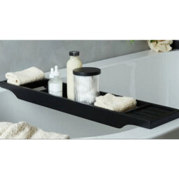 Almineez Black Bamboo Wood Bath Tub Caddy Rack Tray, Water Resistant Bathroom Shelf Tidy Tray Storage Shelf Organiser - thumbnail 2