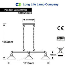 Long Life Lamps Company Industrial Suspended Ceiling Pendant 3 Lamp Black Metal Vintage Light Fitting M0053 - thumbnail 2