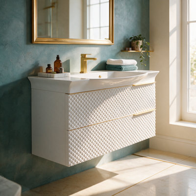 Bathroom City Elvia 950mm White & Gold Vanity Unit With Basin - Wide Diamond Front Bathroom Furniture, 2 Soft-Close Drawers - Gold Handle - image 1