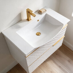 Bathroom City Elvia 950mm White & Gold Vanity Unit With Basin - Wide Diamond Front Bathroom Furniture, 2 Soft-Close Drawers - Gold Handle - thumbnail 2