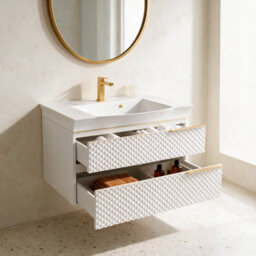 Bathroom City Elvia 950mm White & Gold Vanity Unit With Basin - Wide Diamond Front Bathroom Furniture, 2 Soft-Close Drawers - Gold Handle - thumbnail 4