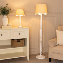 Valuelights Victoria White Wood Floor Lamp With Linen Scallop White Trim Tapered Shade & Bulb - thumbnail 3
