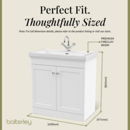 Balterley Swynnerton Traditional Bathroom Floor Standing 2-Door Vanity Unit & Fireclay Basin, Satin White, 800mm - thumbnail 5