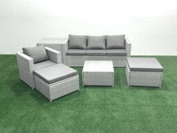 Fimous Garden Outdoor Furniture Set 6 Seater Rattan Sofa Set 2 Big Stools Armchair Side Table Light Grey - thumbnail 2