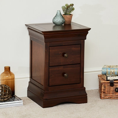 The Furniture Market French Hardwood 2 Drawer Slim Bedside Cabinet French Style Design Rich Mahogany Stained Finish Compact Size For Small Bedrooms - image 1