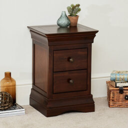 The Furniture Market French Hardwood 2 Drawer Slim Bedside Cabinet French Style Design Rich Mahogany Stained Finish Compact Size For Small Bedrooms