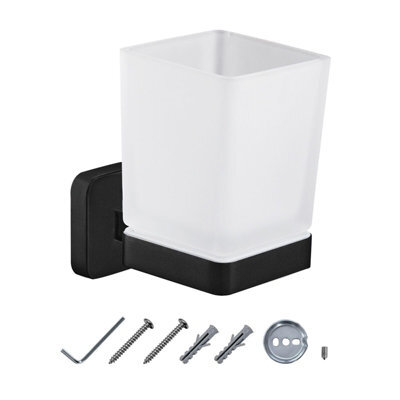 Jassferry Wall Mounted Toothbrush Tumbler Holder Single Frosted Black Glass Square Cup - image 1